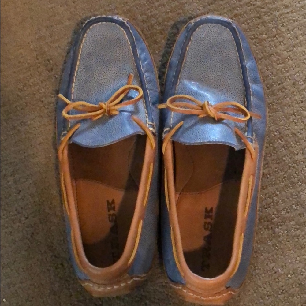 Trask sheepskin slip on blue driving loafers